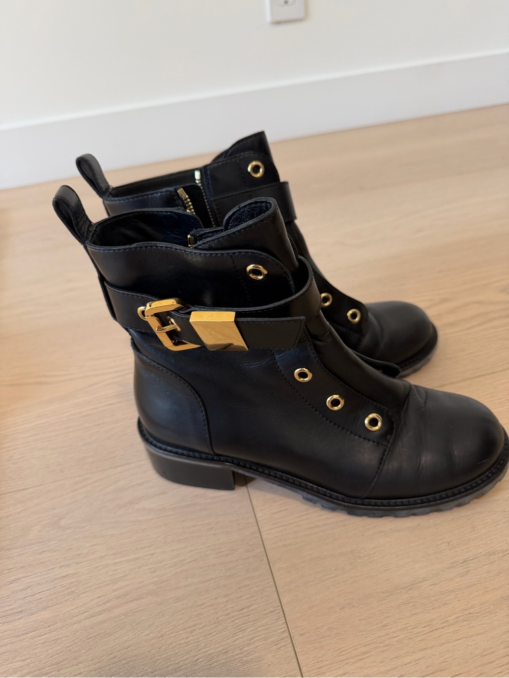 Giuseppe Zanotti Black Leather Combat Boots with Gold Hardware